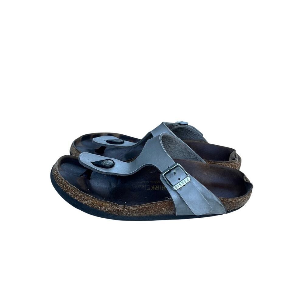 Womensn Birkenstock Gizeh Leather Sandals Size 5 Silver Brown - Picture 2 of 6